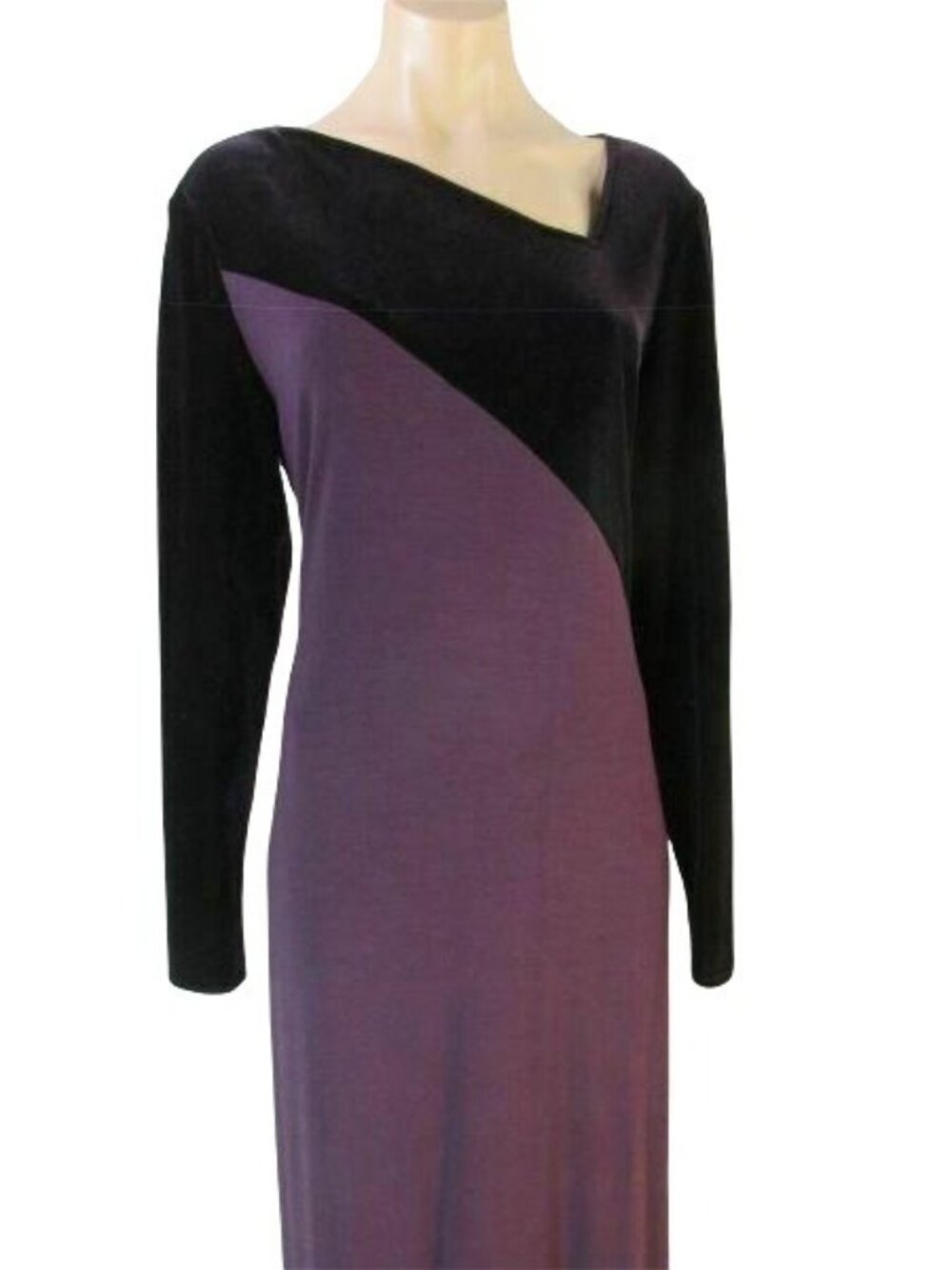 Vintage Chetta B Purple Velvet Jersey Maxi Dress 12 Geometric Body Con Stretch - Picture 2 of 11